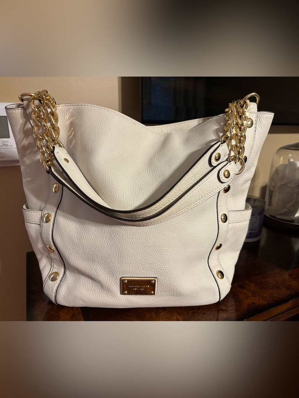 Michael Kors White Pebbled Leather Shoulder Tote with Gold Chain Detail